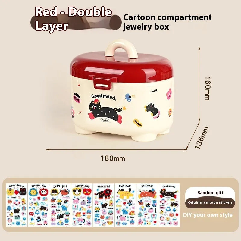 Red and brown cartoon-style plastic desktop storage organiser with grid compartments.
