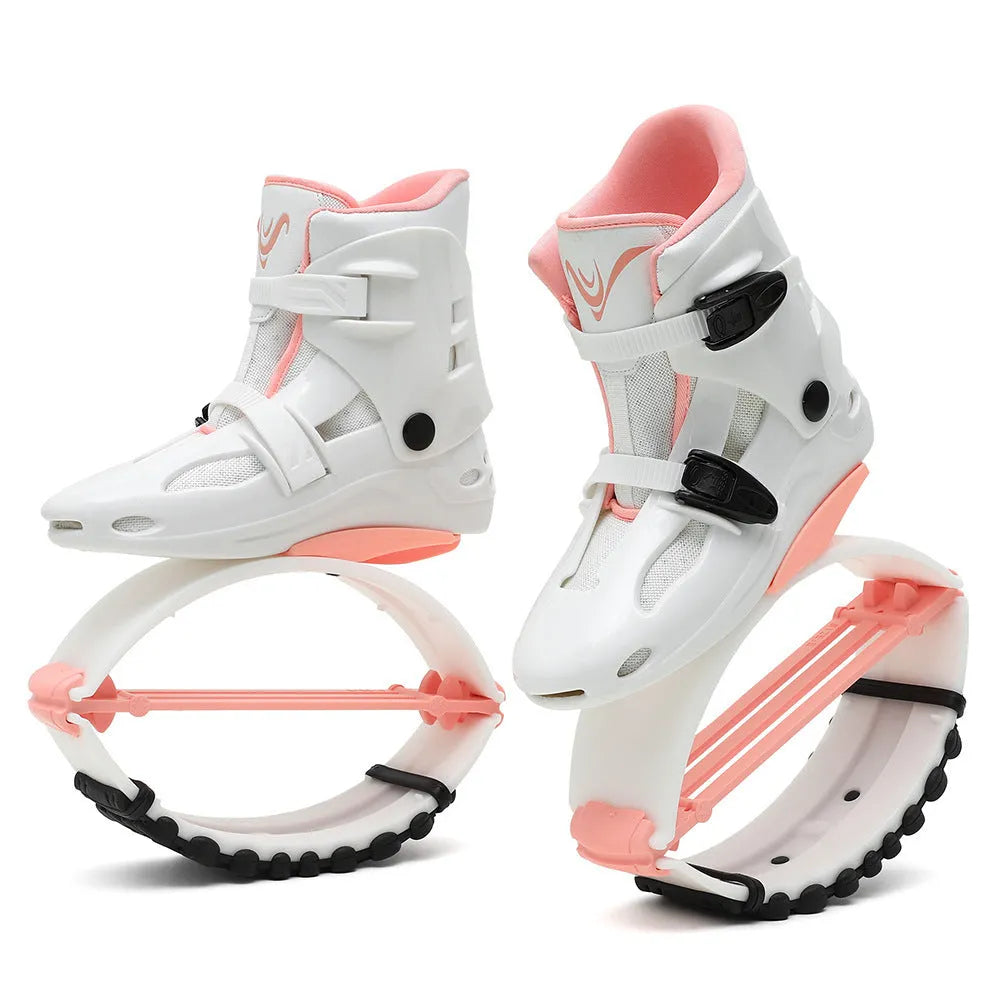 TPU bouncing shoes for sports in colours like black silver, green black, and rose pink.