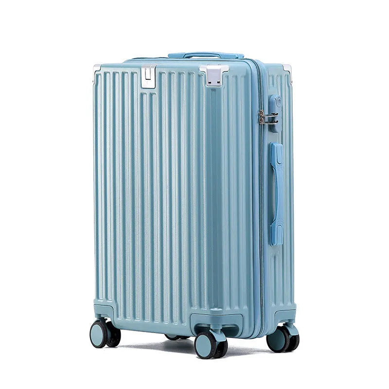 Aluminium frame trolley suitcase with USB port and universal wheels in avocado green colour.