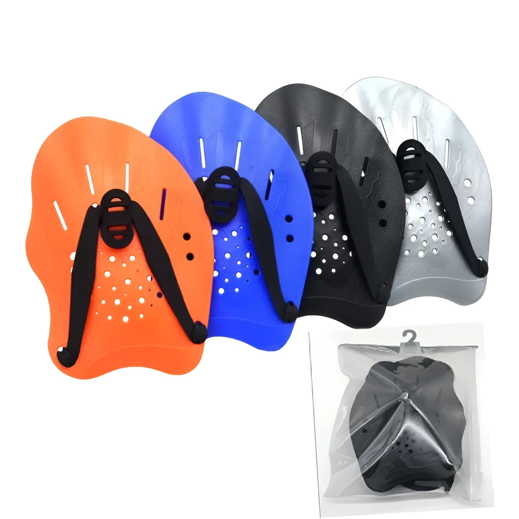 Pair of webbed arm swim training paddles for freestyle stroke development in multiple colour options