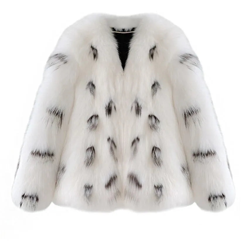Women's black and white artificial raccoon fur coat with short length and regular sleeves