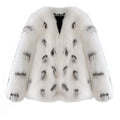 Women's black and white artificial raccoon fur coat with short length and regular sleeves