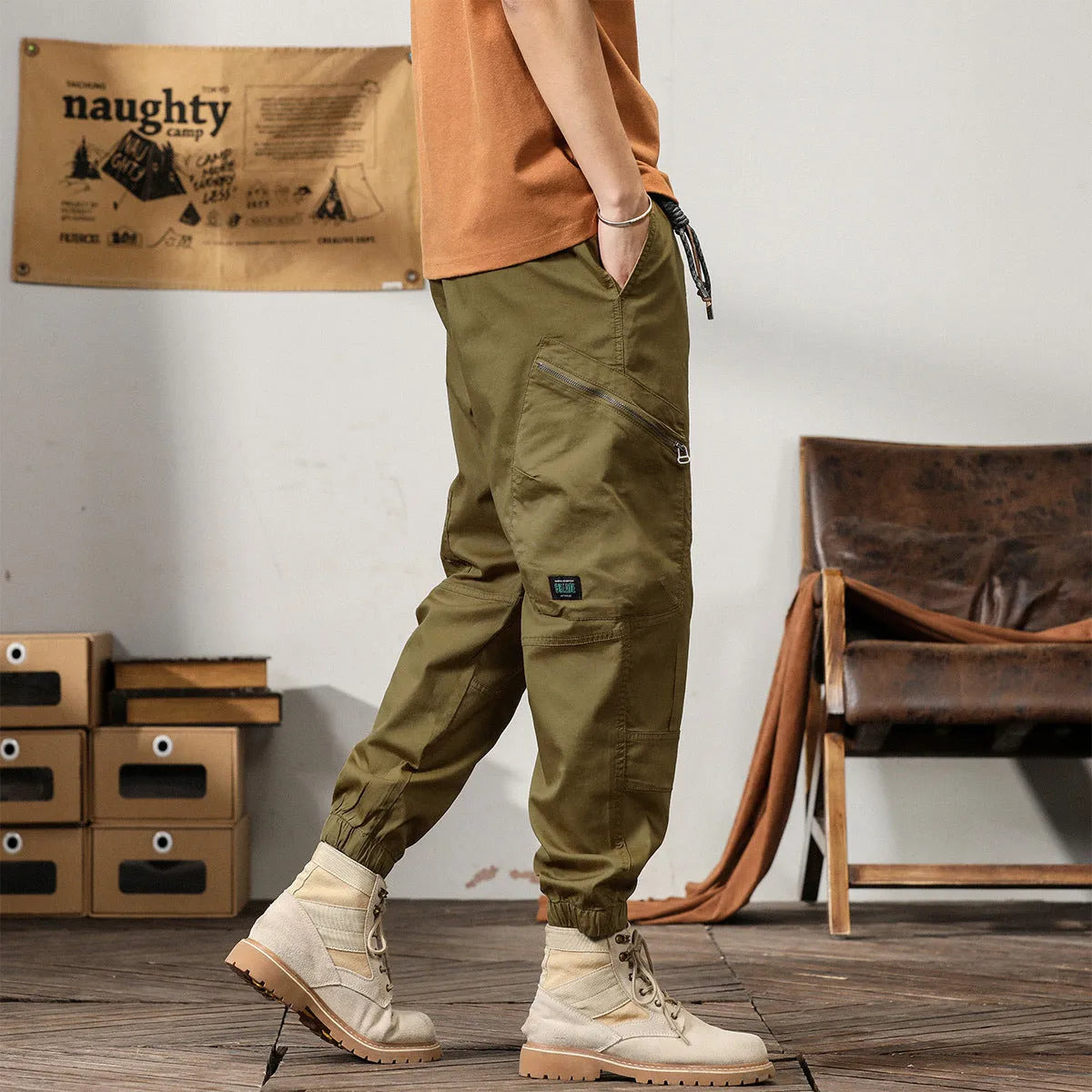 Men's khaki peacock green harem pants with tapered ankle bands and mid-waist design