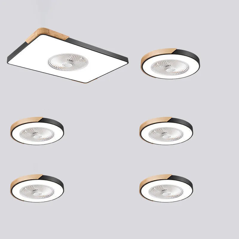 Nordic style wooden ceiling fan with integrated light fixture and PVC lampshade.