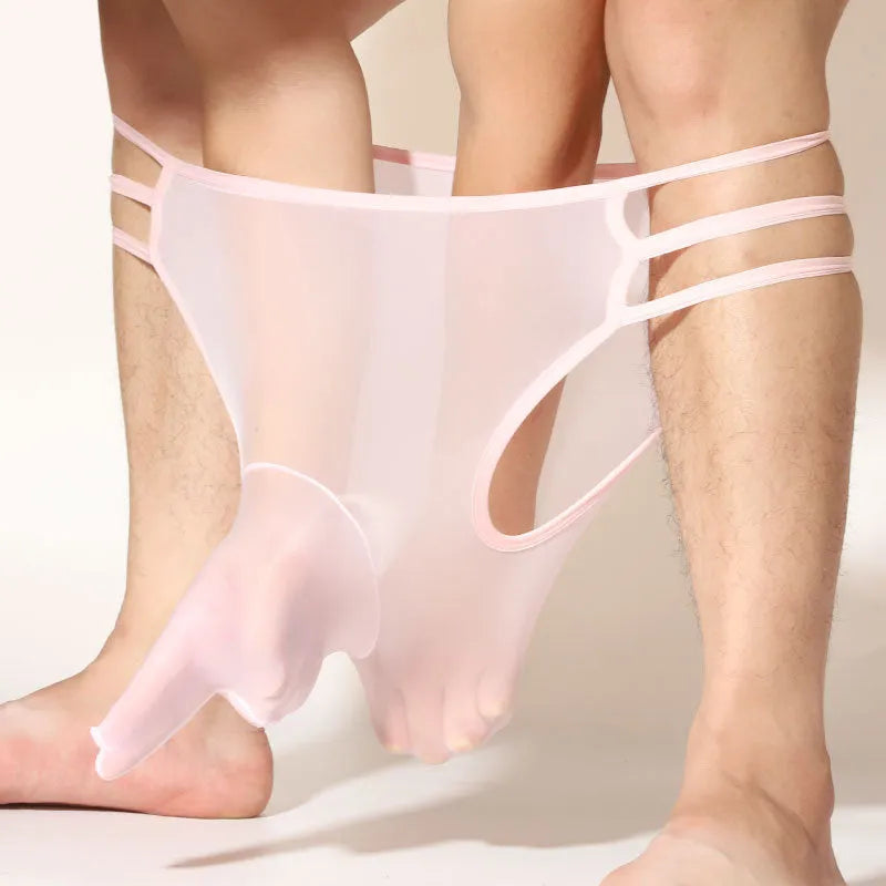 Men's fully transparent elephant nose shorts in a solid colour on a mid waist, showing the nylon fabric and design.