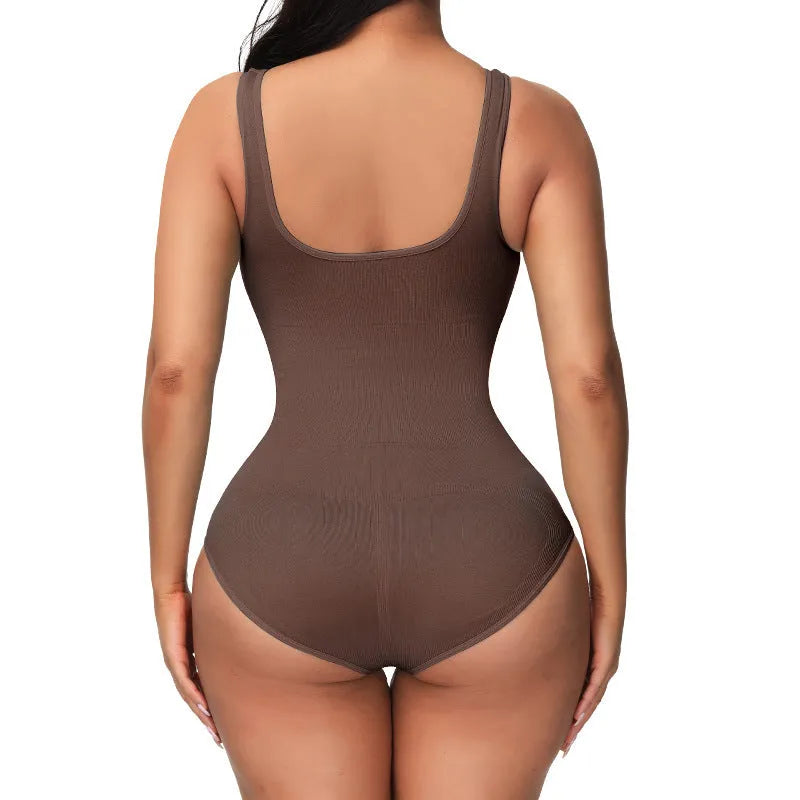 Women's seamless nylon bodysuit corset for waist support and hip lift, shown in apricot colour.