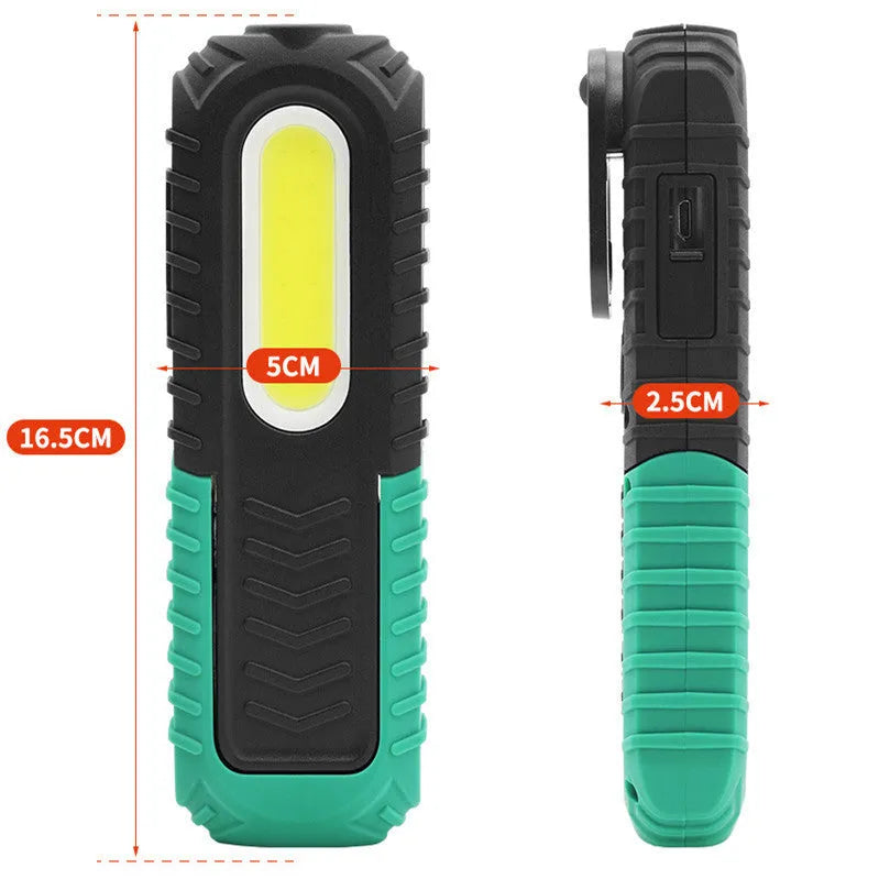 Black and green PET-coated USB rechargeable auto repair work light with 6500K LED