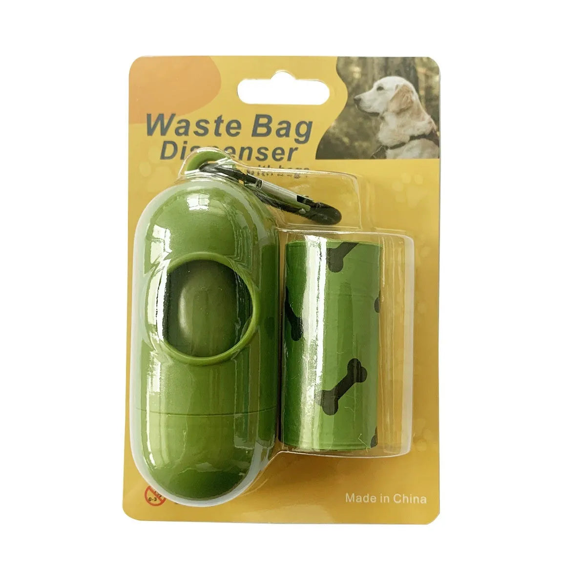 Degradable dog poop bags in military green with black bone print, showing roll format and bag dimensions