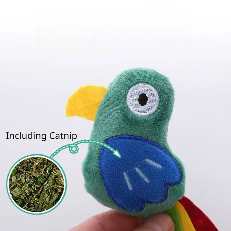 Plush cat toy shaped like a cow, a parrot, or a crocodile with catnip for bite-resistant interactive play.