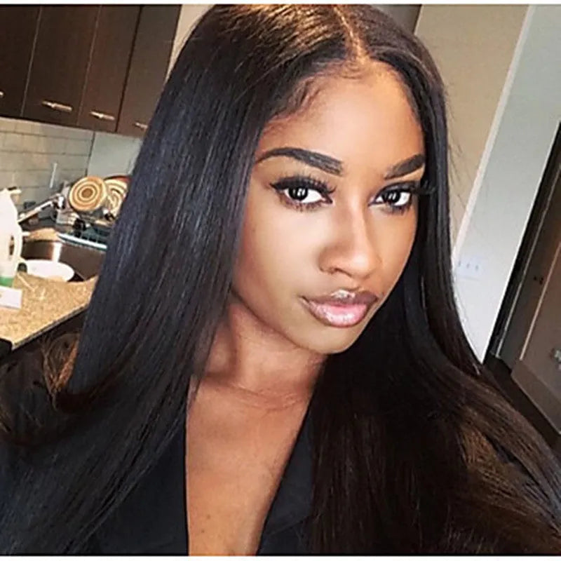 Women's long straight black wig with centre-parted bangs made from high-temperature fibre.