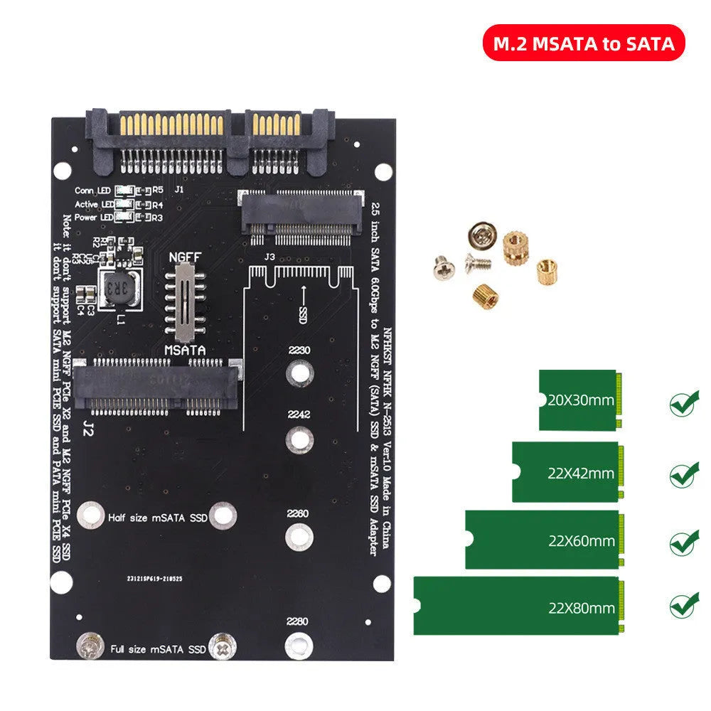 Black and blue SATA3 to M.2 NGFF MSATA SSD conversion adapter card with SATA connectors