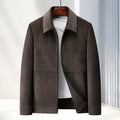 Men's slim fit lapel casual coat in dark blue, shown on a model.
