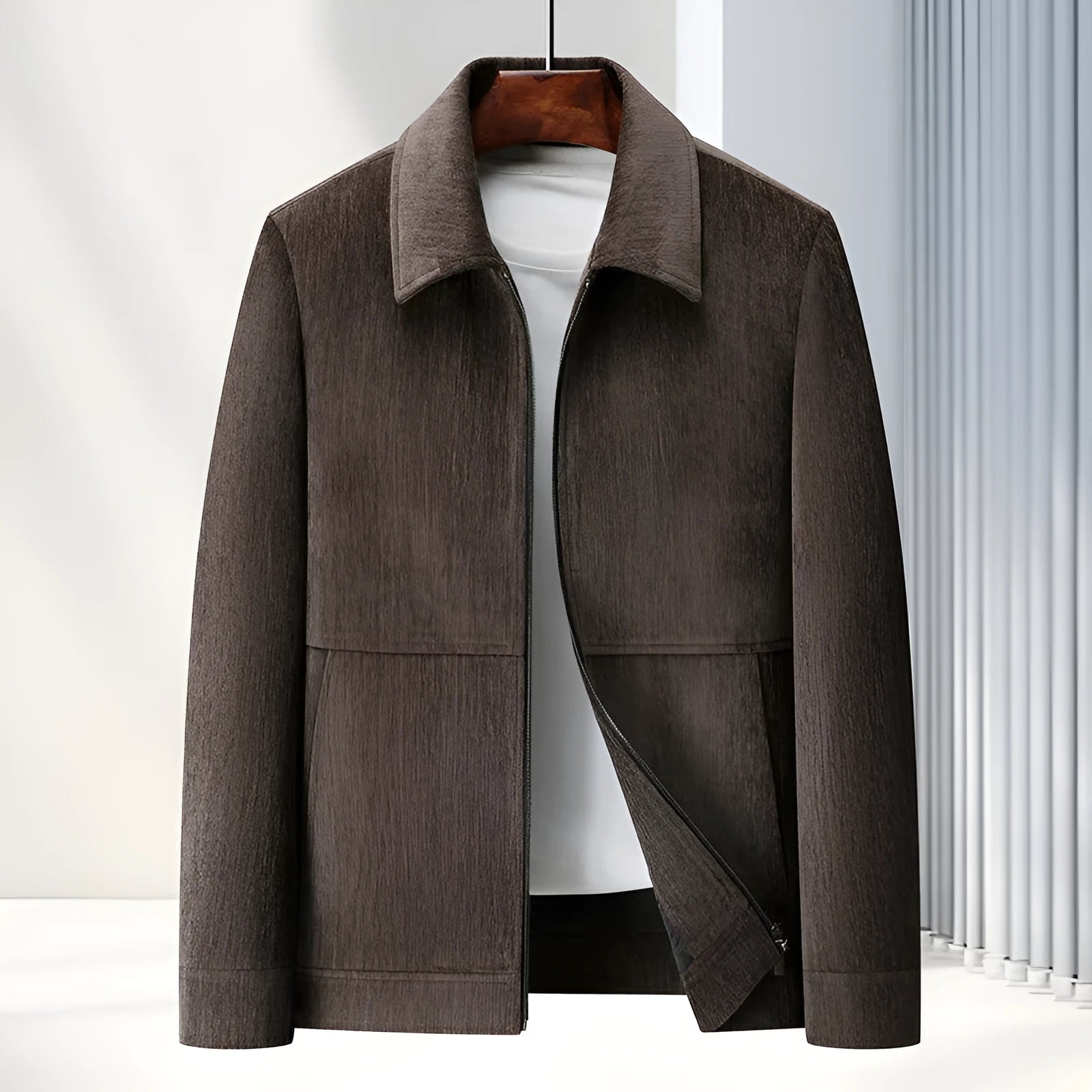 Men's slim fit lapel casual coat in dark blue, shown on a model.