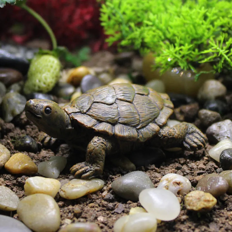 Small green and brown simulation turtle resin ornament for fairy garden and micro landscape decoration.