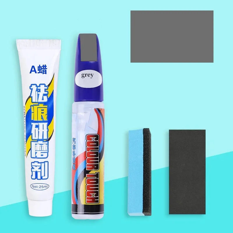 Car touch up paint pen and scratch repair kit four piece set with wax.