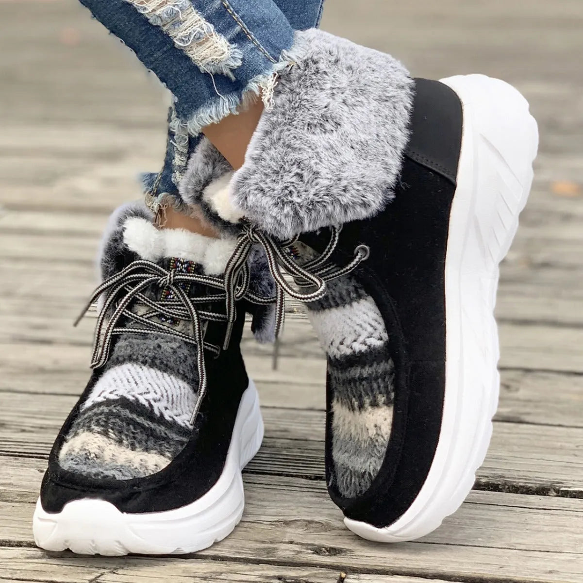 Women's beige lace-up snow boots with fuzzy lining and thick platform soles