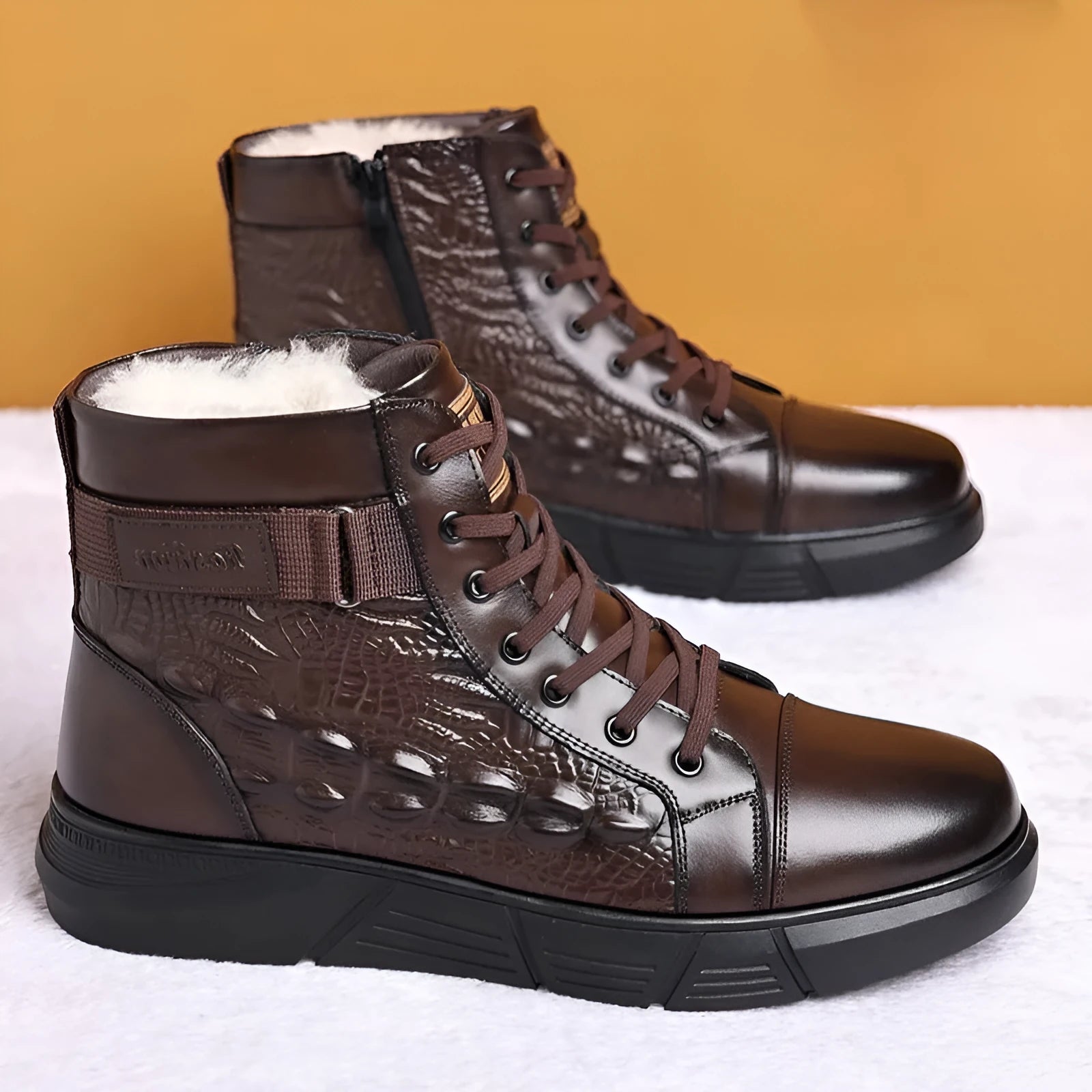 Men's black genuine leather snow boots with fur lining and lace-up front on a rubber sole.