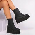 Plus size women's black wedge heel platform boots with round toe and waterproof PU upper