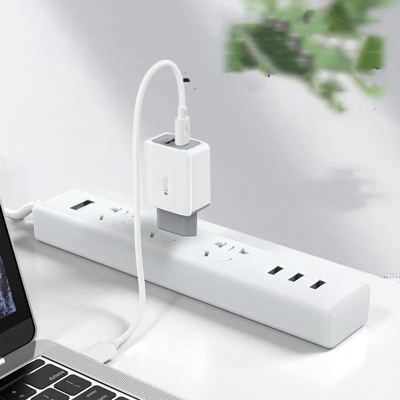 White USB phone fast charger set with European standard cable and compact dimensions