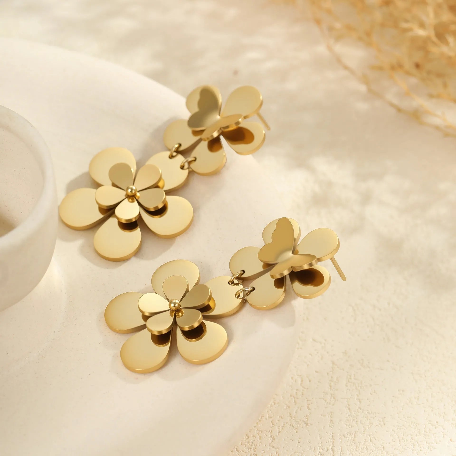 Gold flower butterfly stainless steel earrings with electroplated 18K finish for women