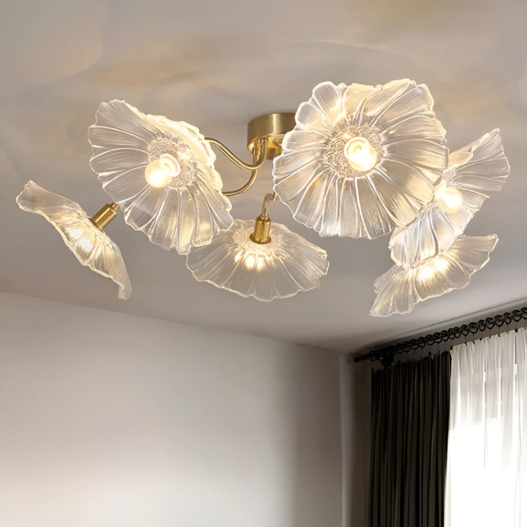 Modern LED ceiling lamp with decorative white or purple flower heads in five or six head configurations