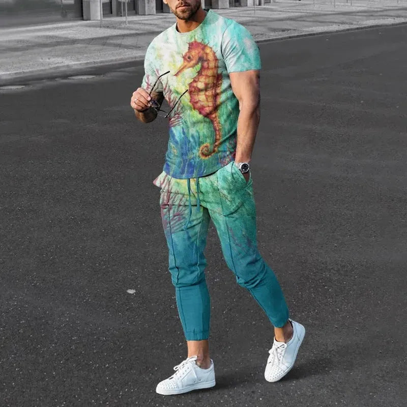 Man wearing a thin, short-sleeve polyester blend pullover and matching trousers from a sports tracksuit set.