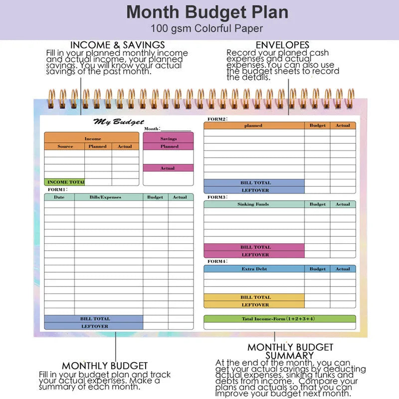 B5 size budget tally notebook with blue PP plastic cover and spiral binding, open on a table.