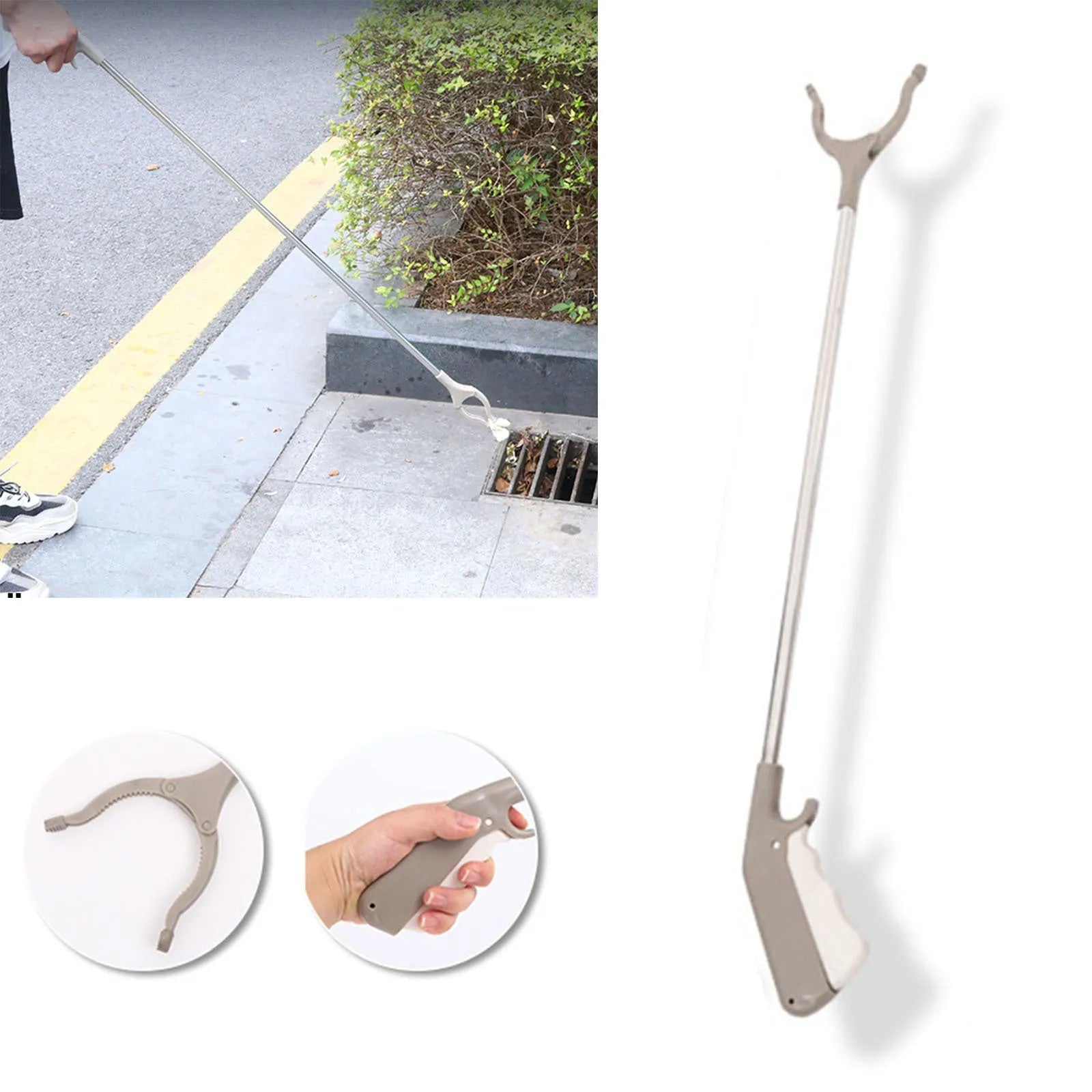 Long-handled stainless steel garbage picker pliers with a push-type handle.