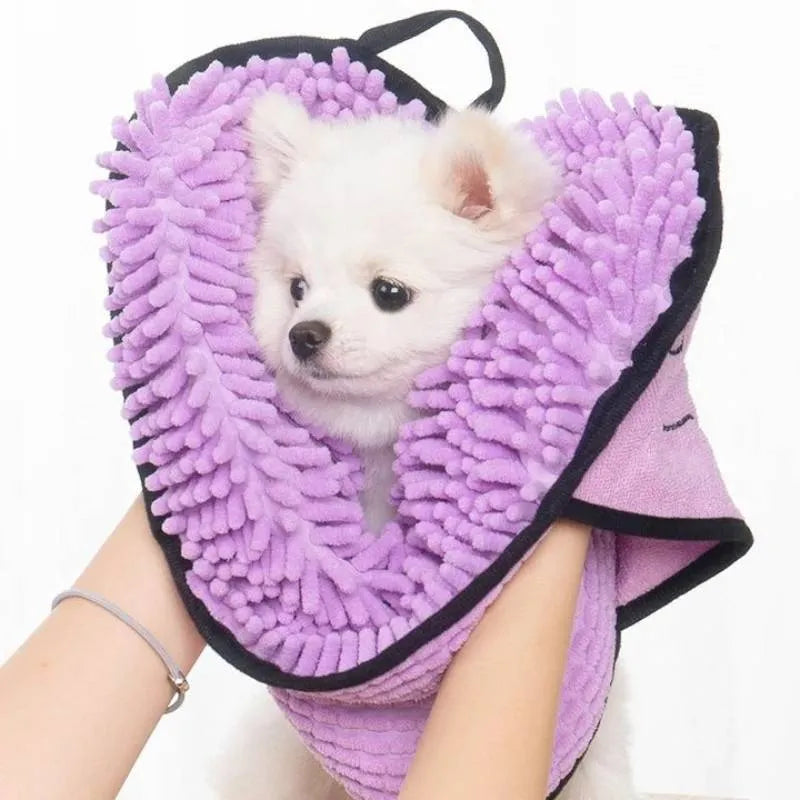 Microfibre pet bath robe towel for dogs and cats in blue, grey, purple or red
