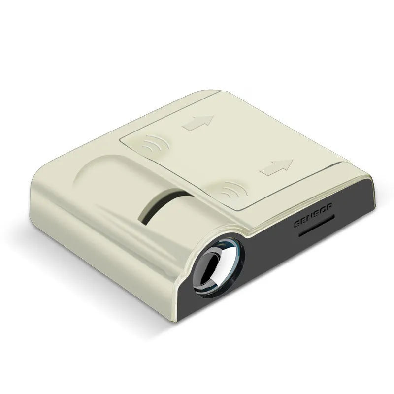 Black and beige ABS plastic car projection lamp showing 6.5cm length with battery compartment and universal mounting