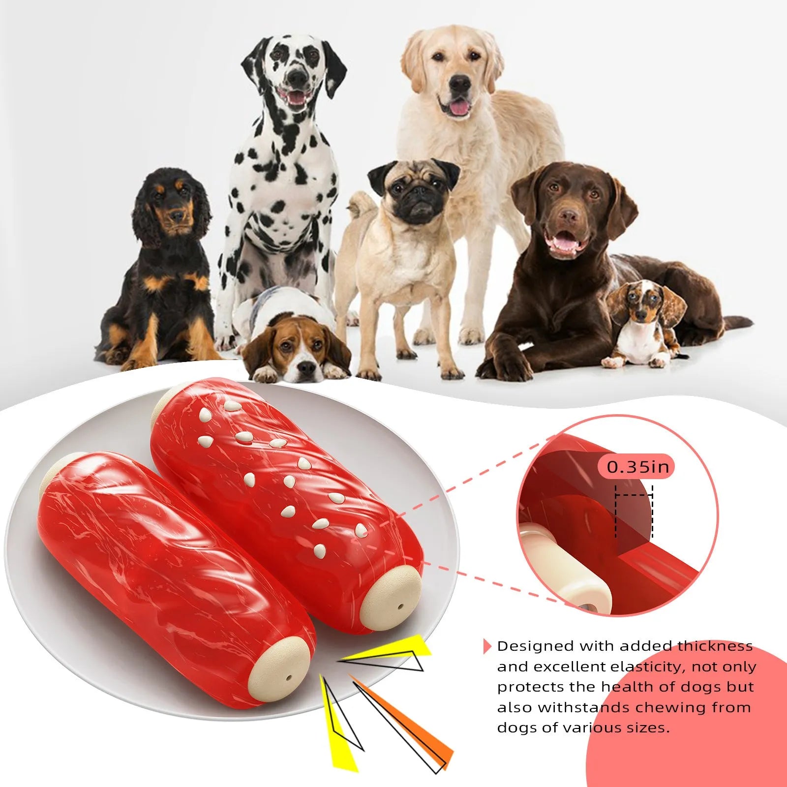 Primary colour plastic dog chew toy with hollow centre and molar-textured rod shape