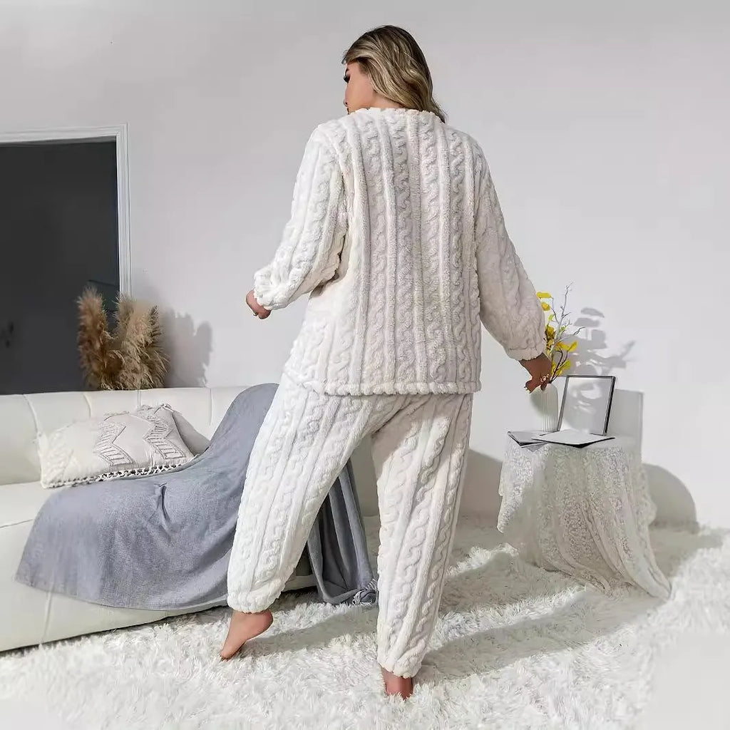 Women's milky white plush polyester two-piece lounge set with crew neck top and matching trousers