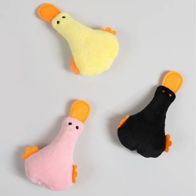 Duck plush pet toy with catnip filling in blue, pink, yellow, or black colour options