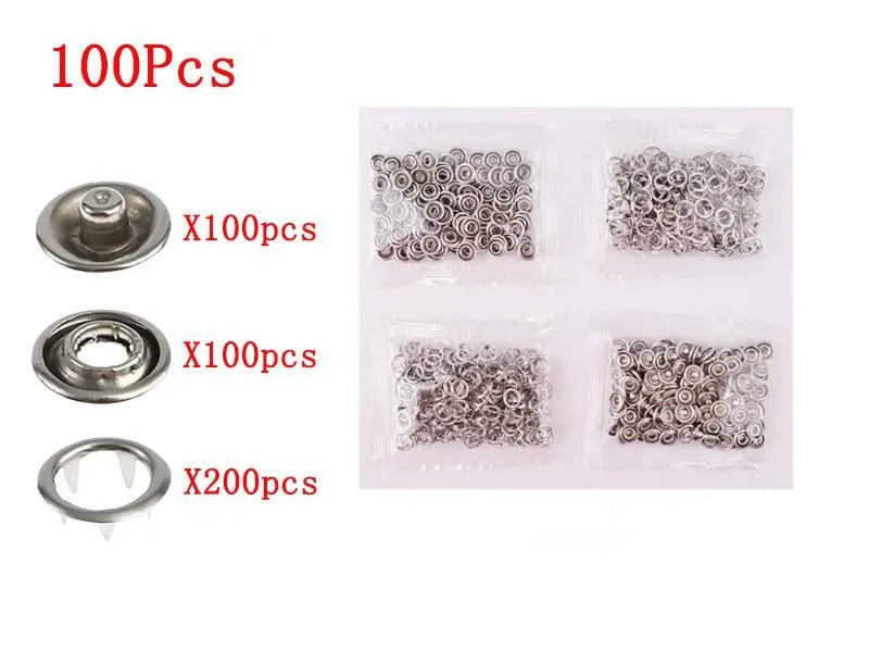 Stainless steel five claw no-sew suit buttons and application pliers for children's clothing.