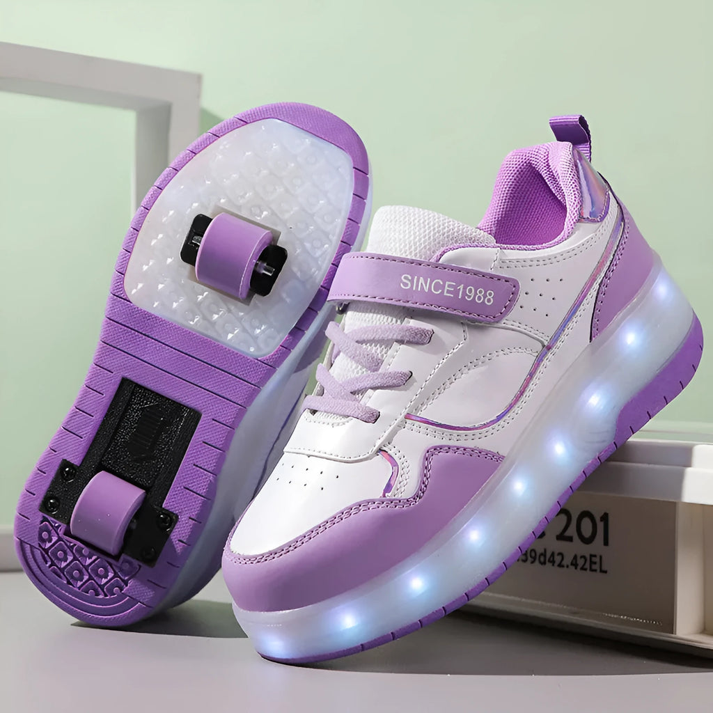 Children's charging flash rollerskates with LED lights in pink colour