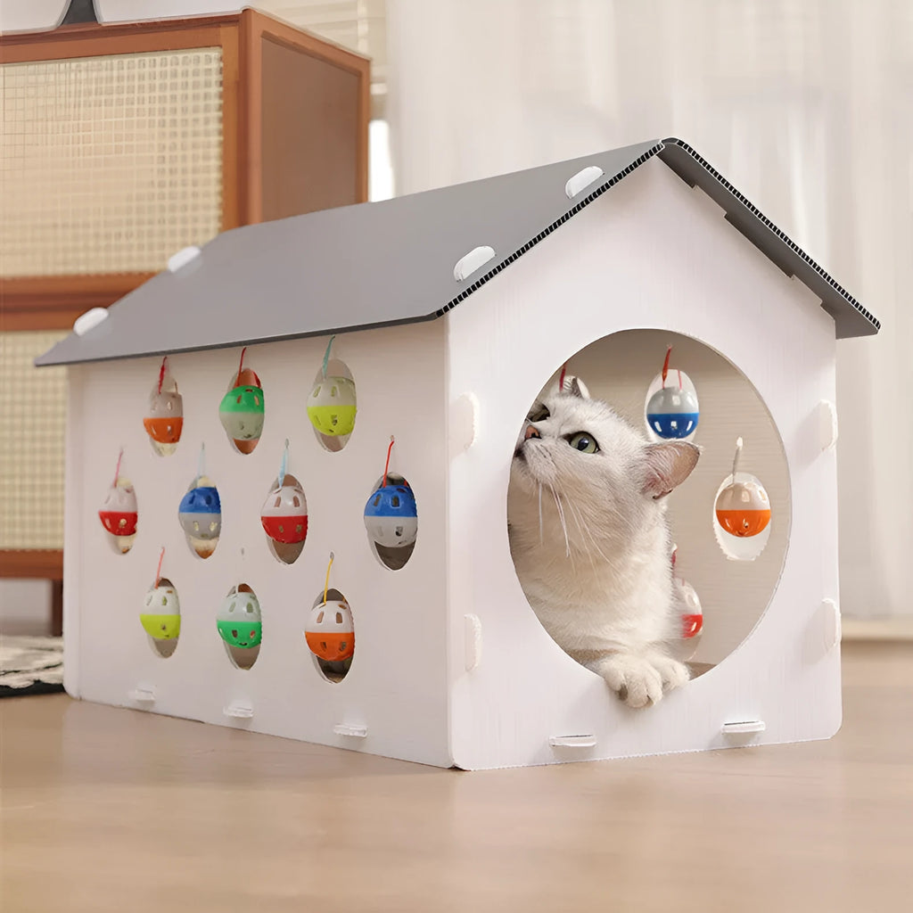 Plastic cat scratch board nest integrated toy with house design and bell ball