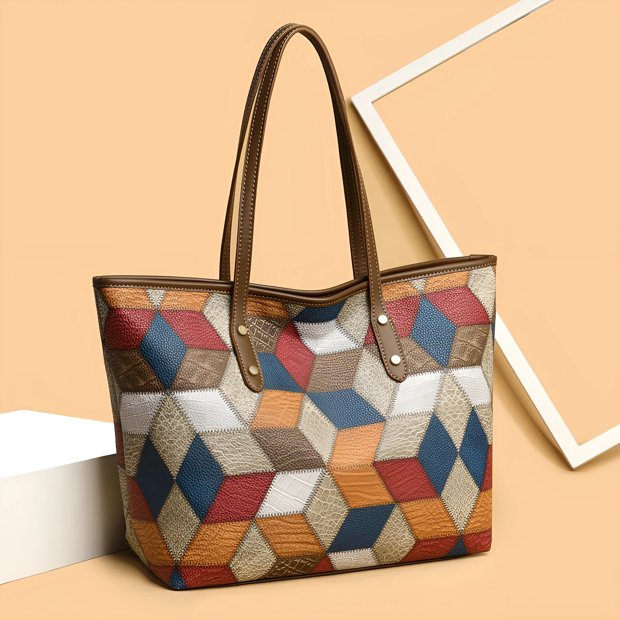 Women's blue brown PVC shoulder bag with sandwich pocket design for business and leisure use