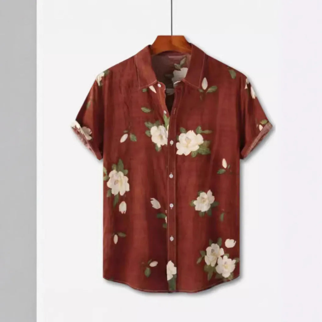 Man's short sleeve Hawaiian floral print shirt with a cardigan lapel, shown in one of 17 available colours.