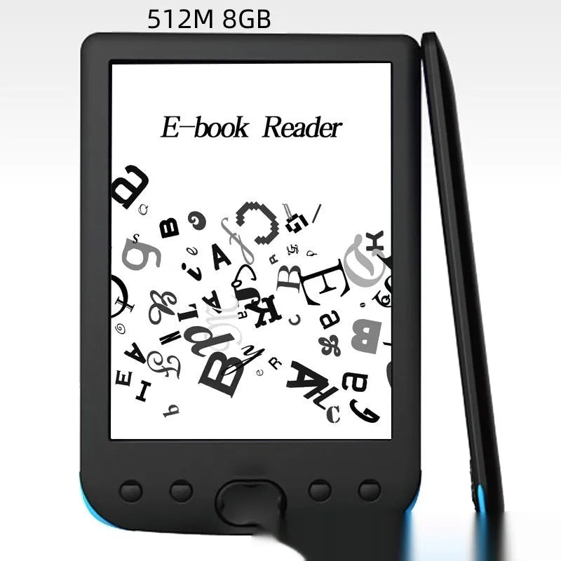 Black 6-inch E-ink e-book reader showing the screen and device from the front.
