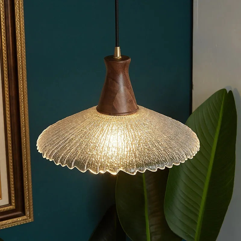 Woodcraft brass electroplated glass chandelier for restaurant cafe lighting