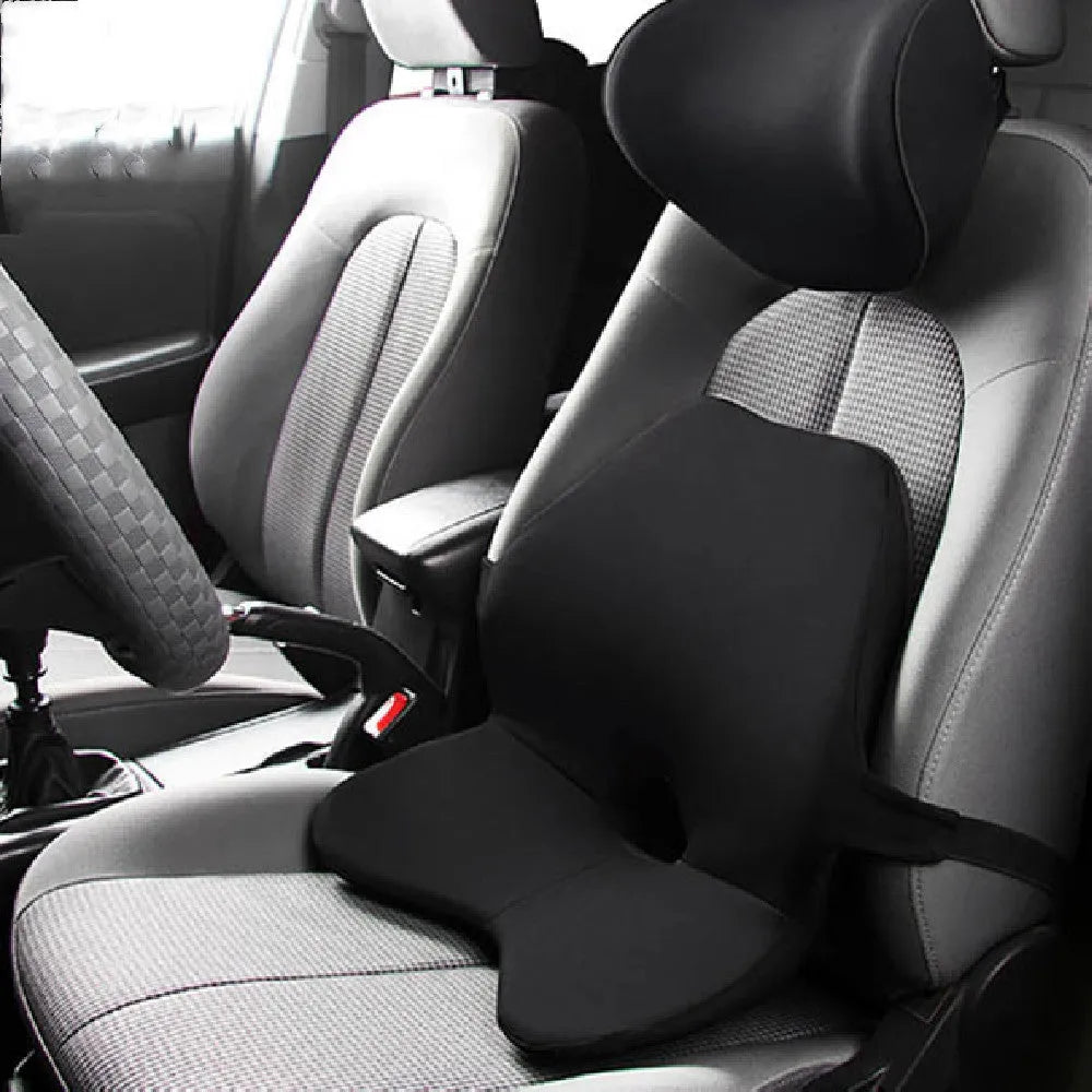 Memory foam car lumbar support cushion and a version with integrated headrest in beige colour.