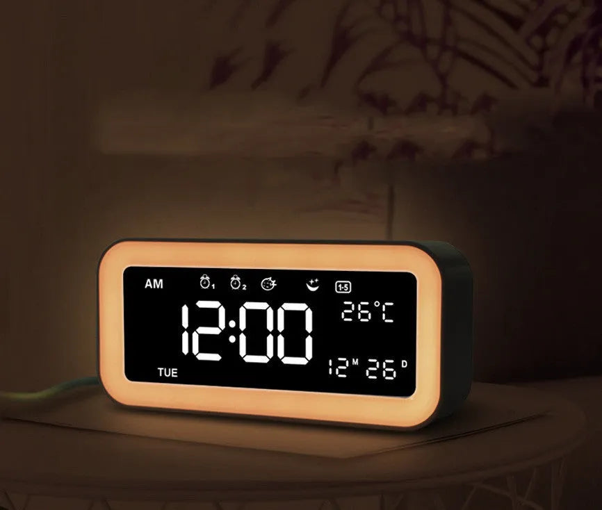 Multifunctional LED atmosphere light alarm clock with digital display and multicoloured lighting in rectangular plastic case
