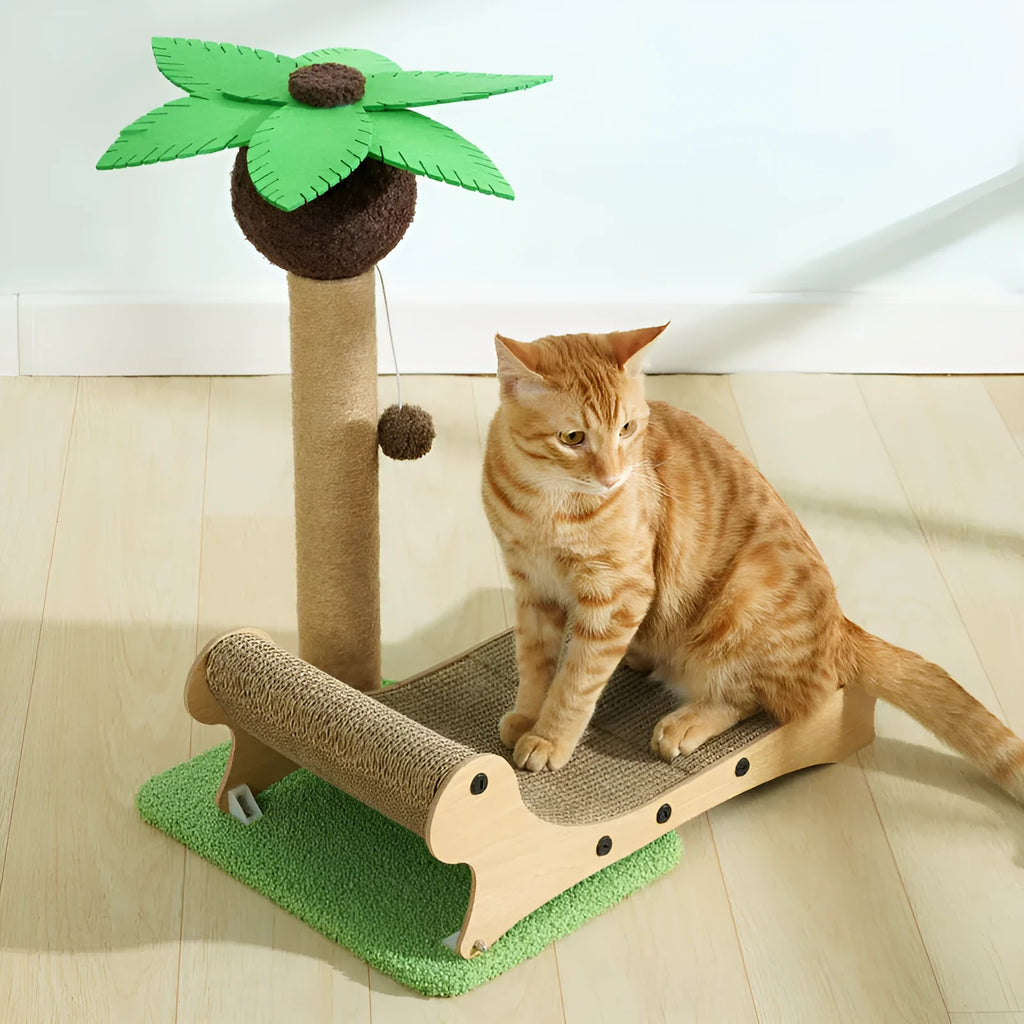 Solid wood beach chair style cat climbing frame with integrated hideaway nest and hemp-wrapped scratching column.