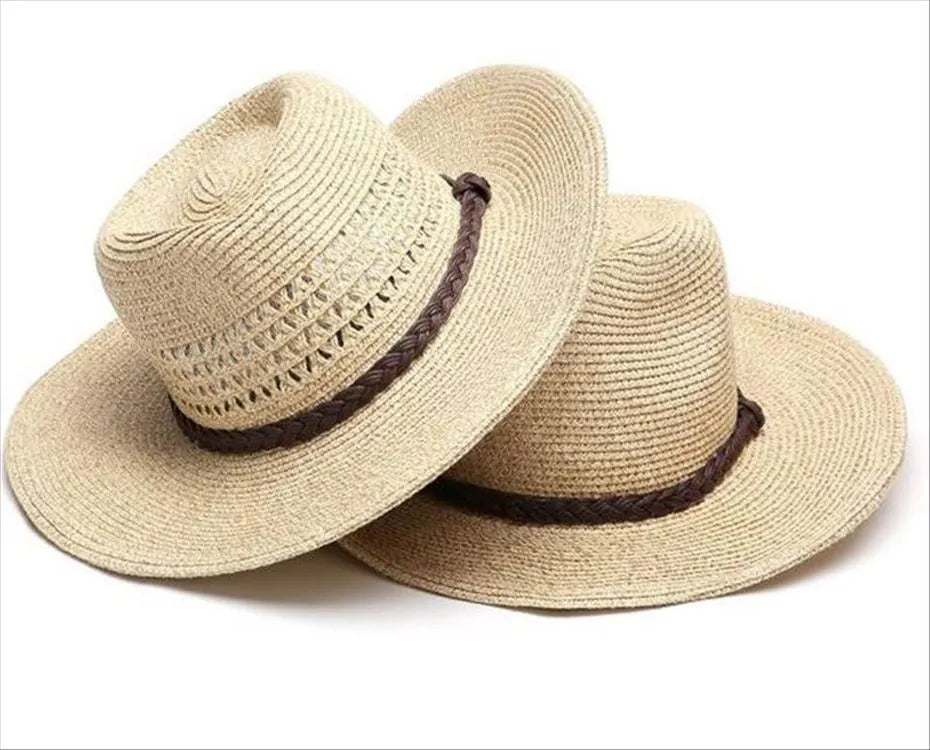 Men's foldable straw sun hat with wide brim in mixed beige colour, shown in folded and unfolded positions