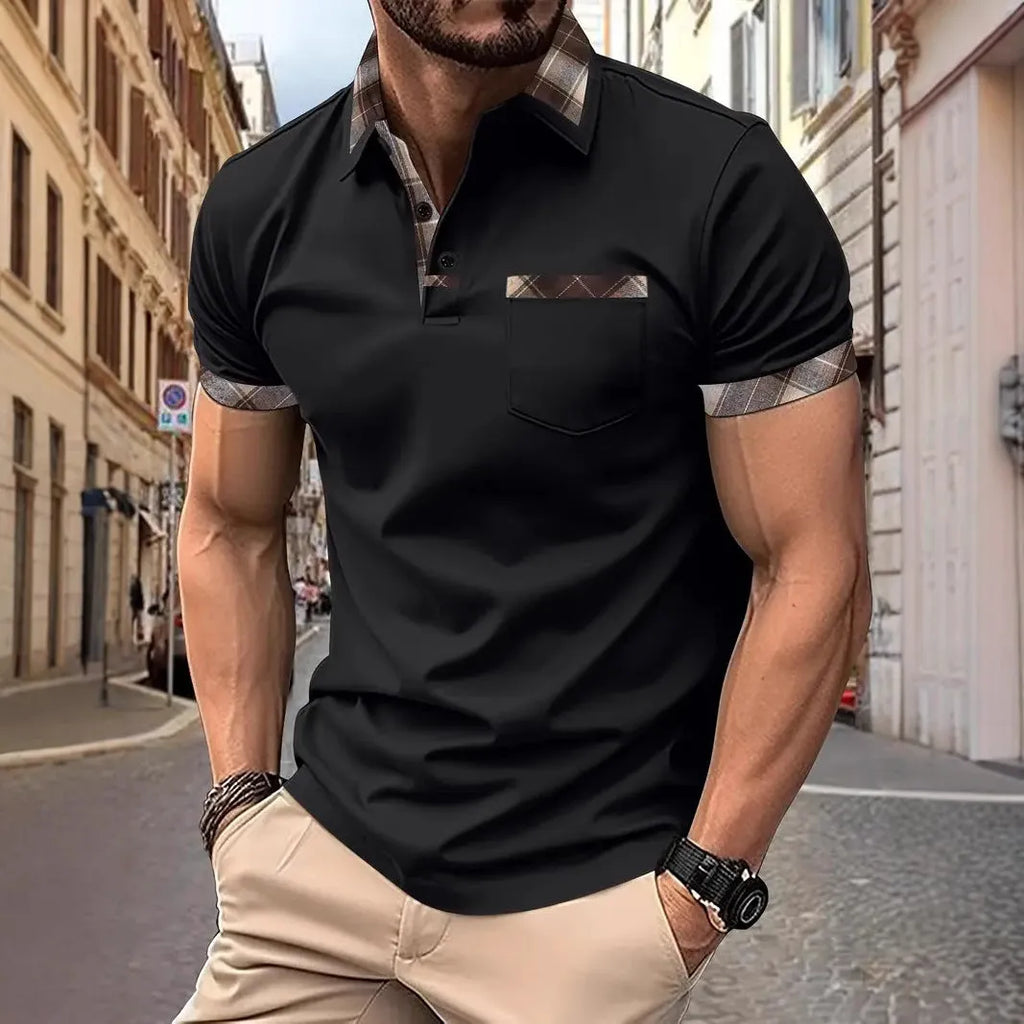 Men's colourblock plaid t-shirt with short sleeves and zipper decoration detail