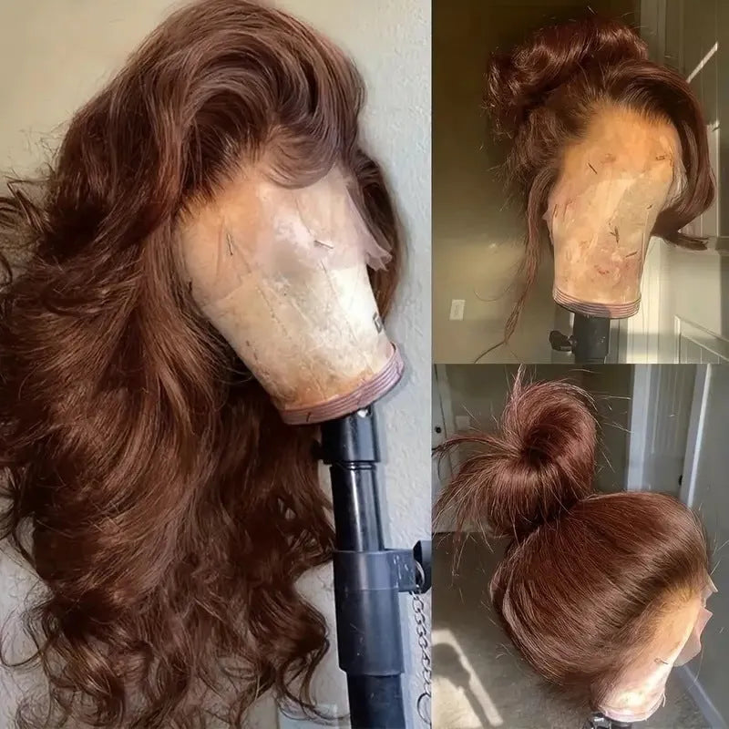 Dark brown long curly front lace wig with side bangs displayed at various lengths