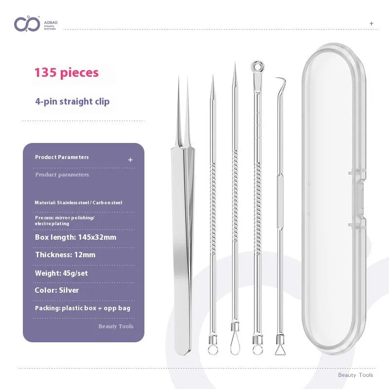 Four metal acne needles with ultra fine pointed tips for blackhead removal and skincare treatment
