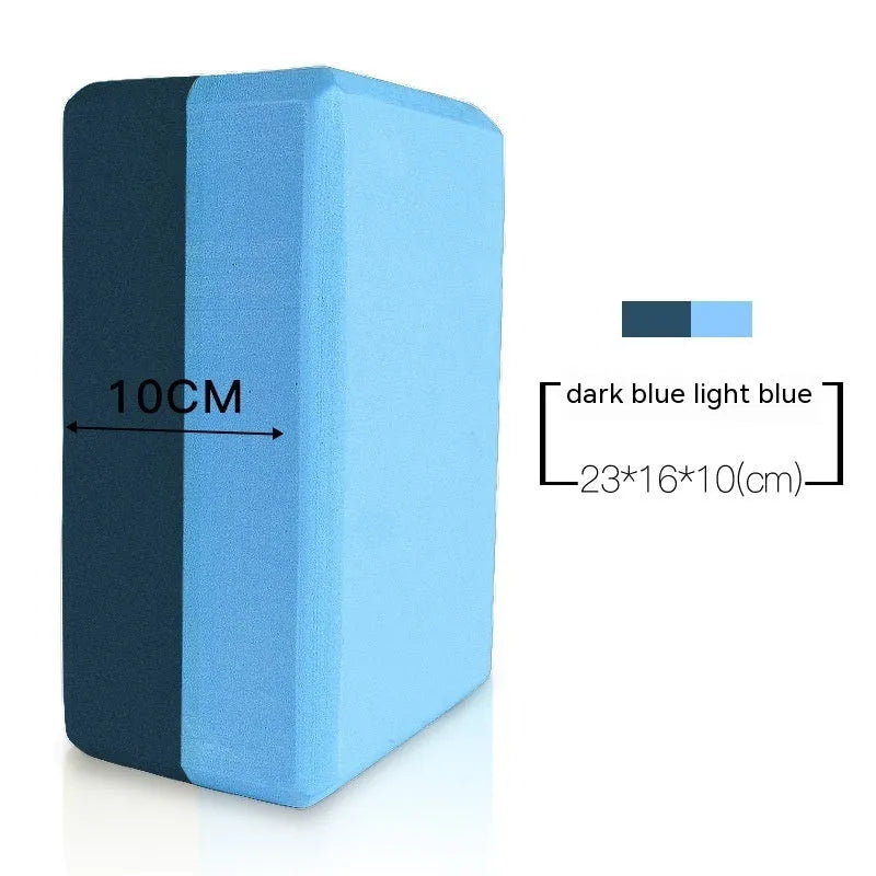 EVA foam yoga block in violet colour, shown next to a pink block, demonstrating its size and rectangular shape for fitness support.