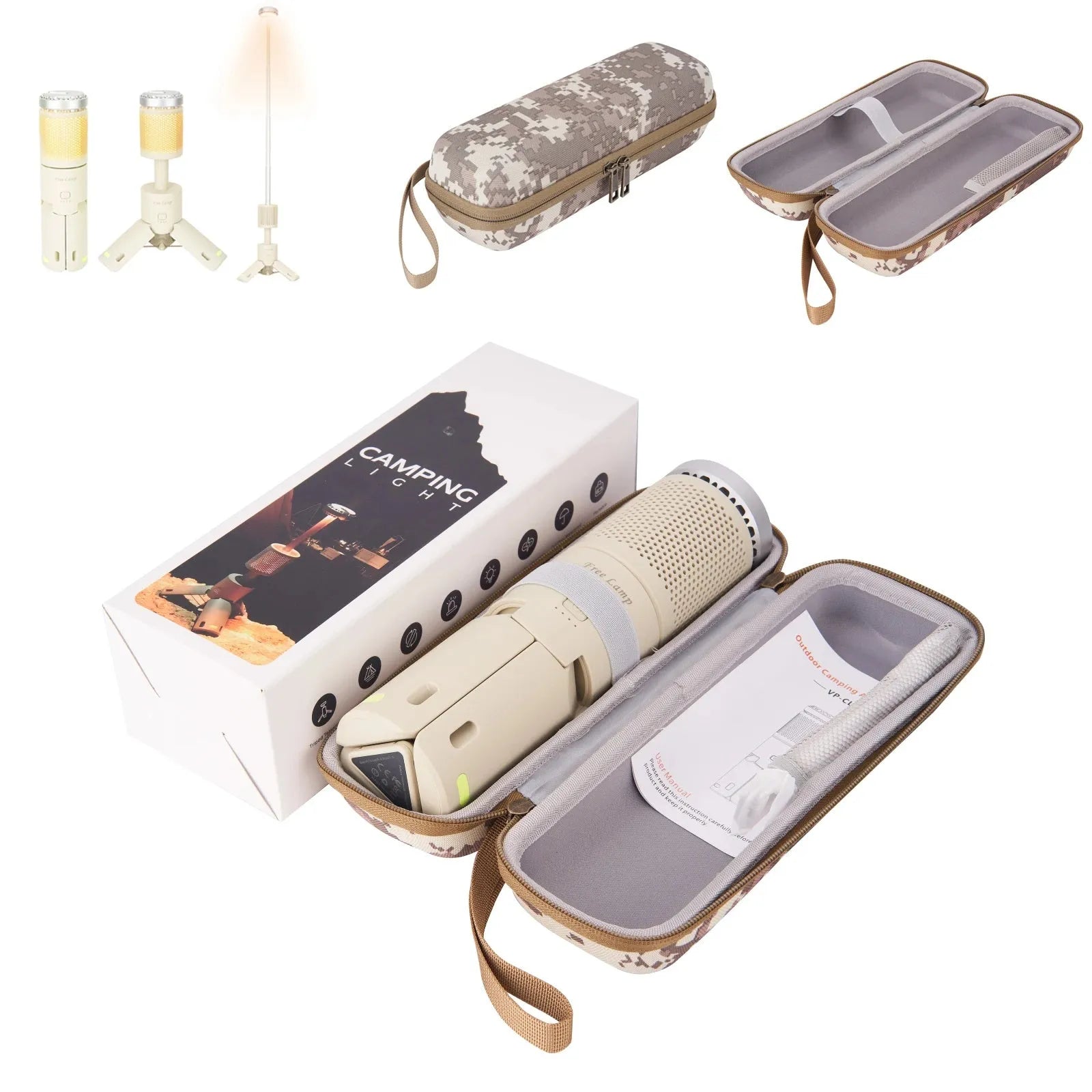 Camping lantern portable LED light in off white or dark grey colour with button switch