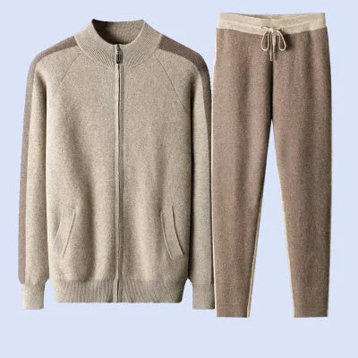 Men's cashmere wool blend sports cardigan suit with half turtleneck zipper top and matching trousers